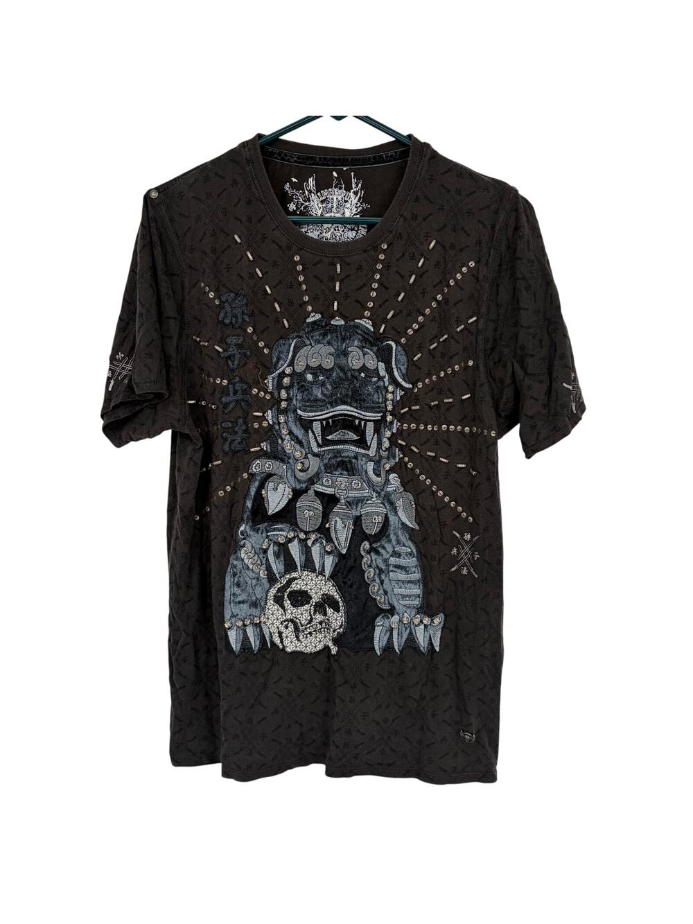 RINGSPUN IX Men's Black Embroidered Bull Dog Short Sleeve Shirt Size Large